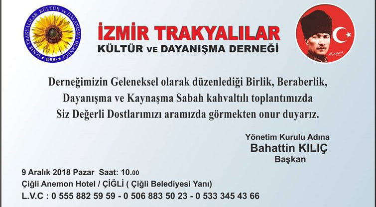 İzmir Trakyalılar Kültür ve Dayanışma Derneğinin geleneksel buluşmasına davet