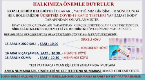 Kozlukebir Belediyesi'nde ücretsiz 'Covid-19 rapid test'