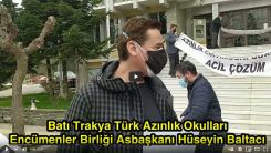Encümenler Birliği Asbaşkanı Hüseyin Baltacı İskeçe'deki protestoda hazırlanan bildiriyi okudu