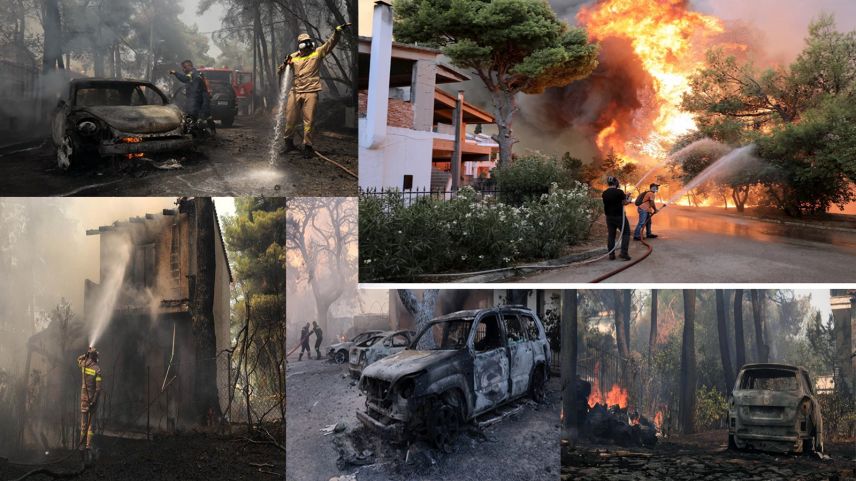 Atina'nın kuzeyindeki yangınlarda onlarca ev ve araç alevler içinde kaldı