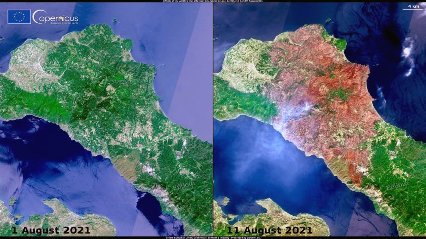 Eğriboz (Evia) Adası'nda yangın öncesi ve sonrası