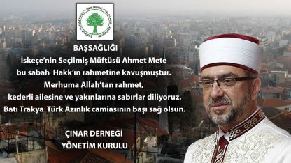 Çınar Derneği'nden Müftü Mete için başsağlığı mesajı