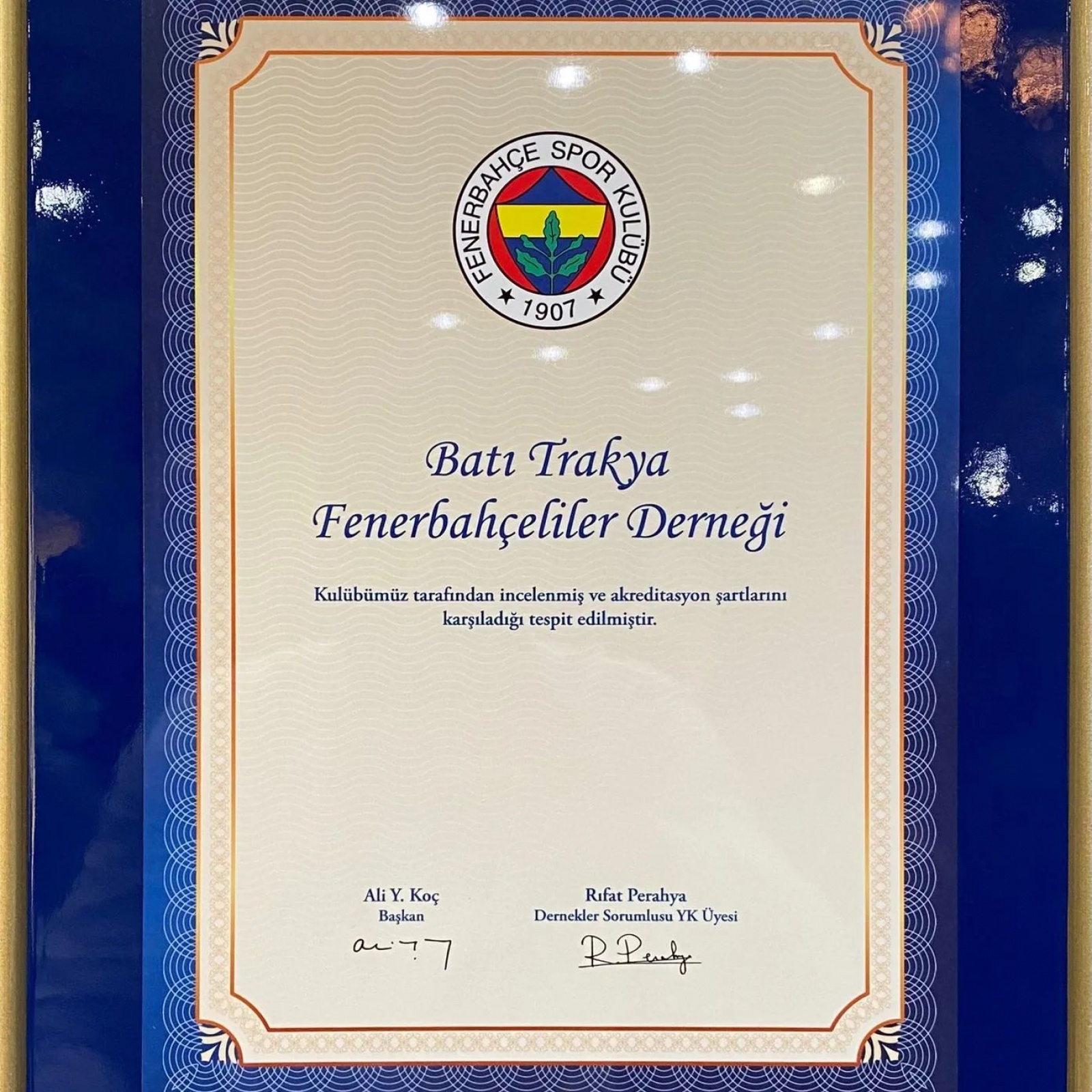Batı Trakya Fenerbahçeliler Derneği'ne Ali Koç’tan akreditasyon sertifikası