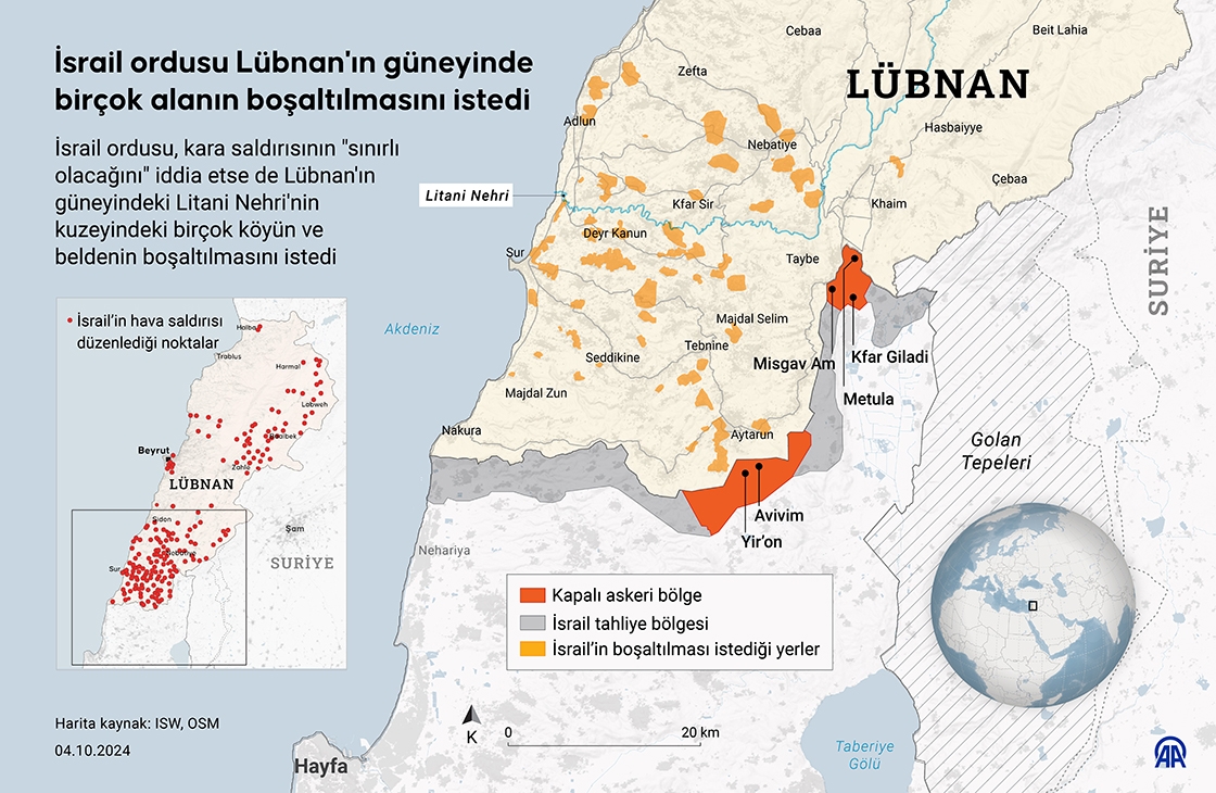 İsrail ordusu Lübnan'ın güneyinde birçok alanın boşaltılmasını istedi