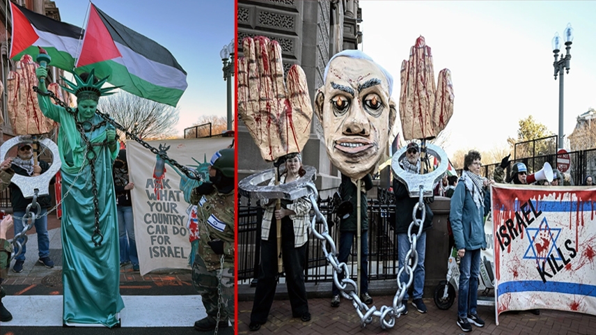 Filistin destekçileri, Beyaz Saray önünde Netanyahu ile Trump'ı protesto etti