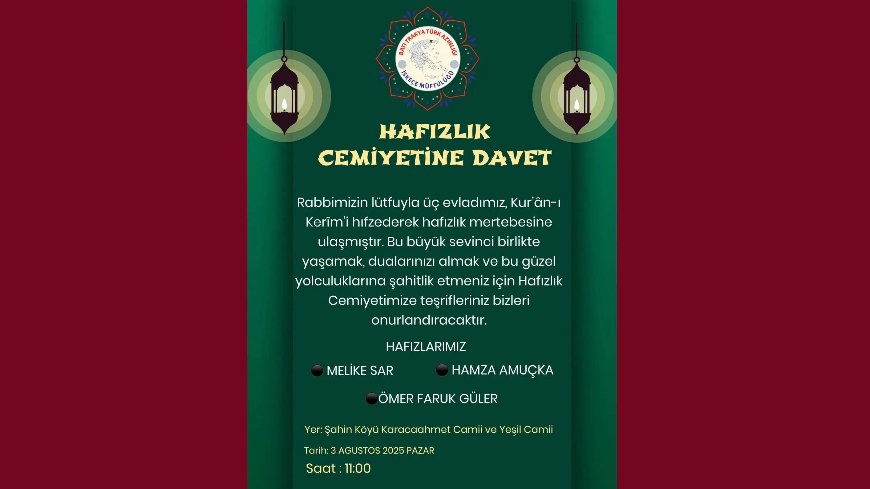 Şahin köyünde Hafızlık Cemiyeti düzenlenecek