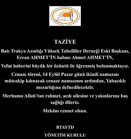 Eski BTAYTD Başkanı Ercan Ahmet'in babası vefat etti