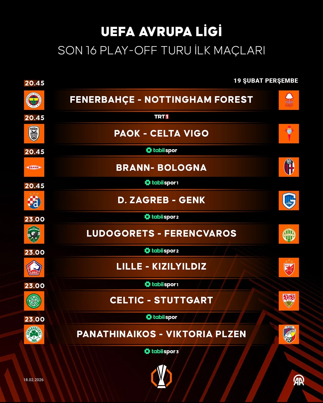 UEFA Avrupa Ligi son 16 play-off turu ilk maçları programı