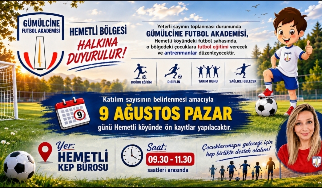 Gümülcine Futbol Akademisi, yarın Hemetli'de ön kayıt yapacak