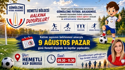 Gümülcine Futbol Akademisi, yarın Hemetli'de ön kayıt yapacak