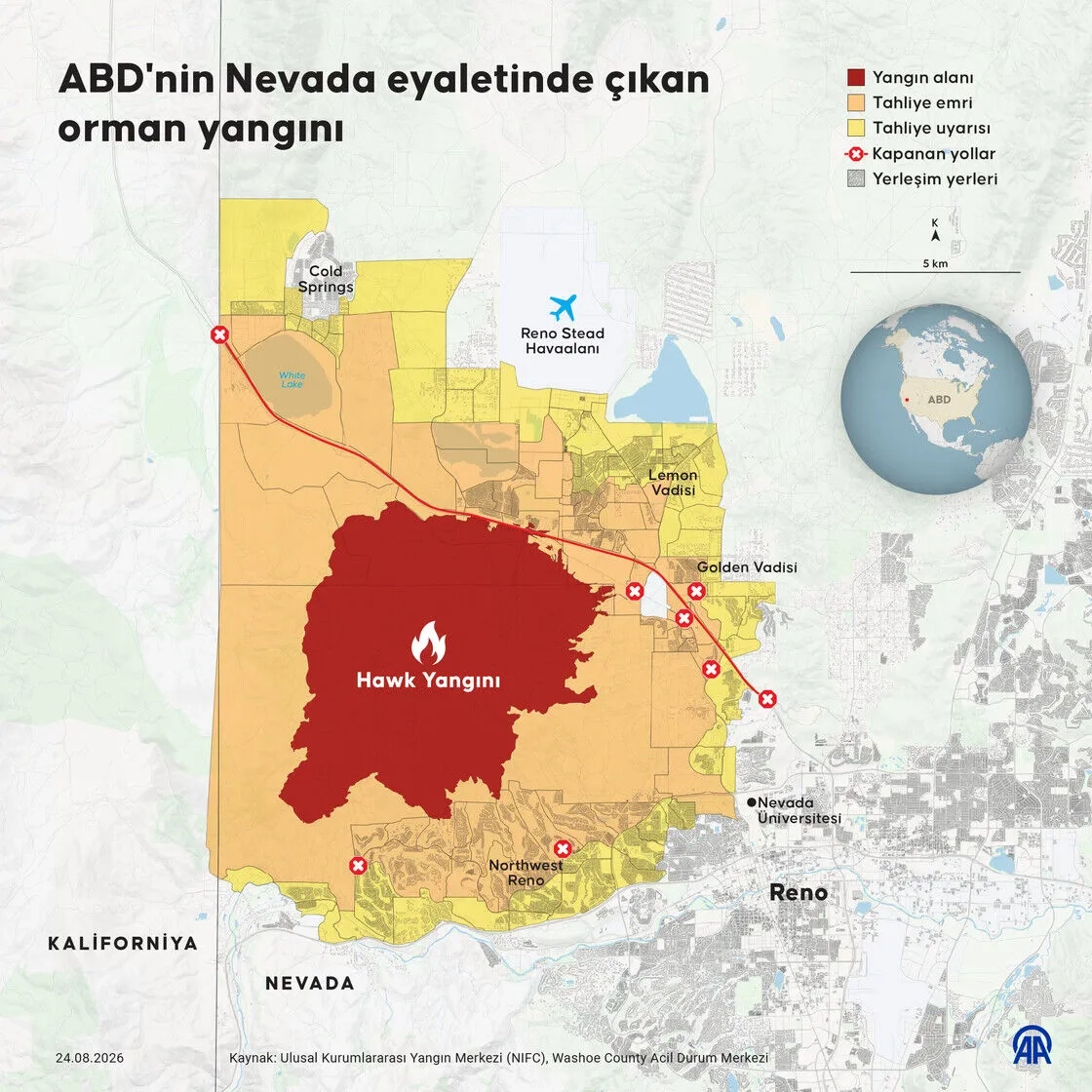 ABD'nin Nevada eyaletindeki orman yangınında 42 bin kişiye tahliye emri verildi