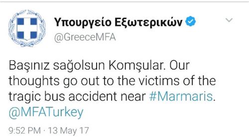 Yunanistan'dan Türkçe başsağlığı mesajı
